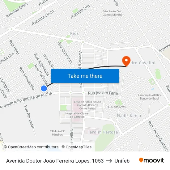 Avenida Doutor João Ferreira Lopes, 1053 to Unifeb map