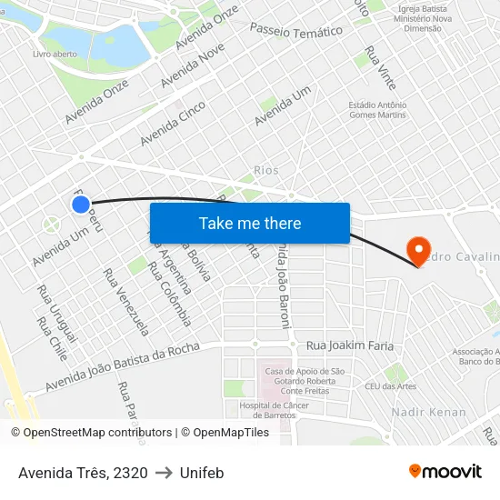 Avenida Três, 2320 to Unifeb map