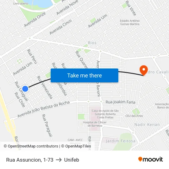 Rua Assuncion, 1-73 to Unifeb map