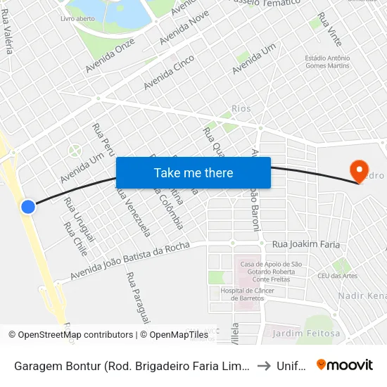Garagem Bontur (Rod. Brigadeiro Faria Lima) to Unifeb map