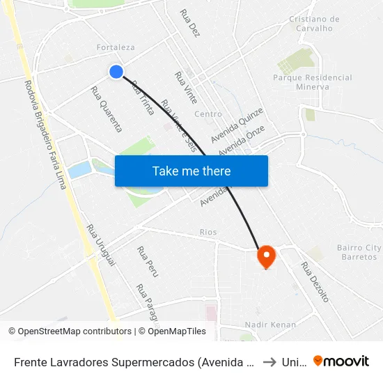 Frente Lavradores Supermercados (Avenida Quarenta E Três) to Unifeb map