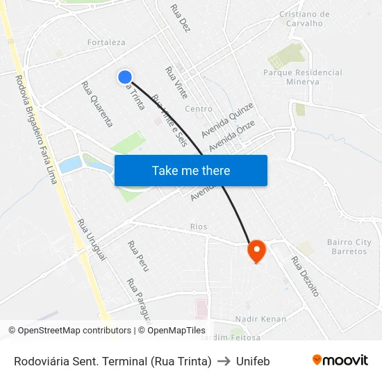 Rodoviária Sent. Terminal (Rua Trinta) to Unifeb map