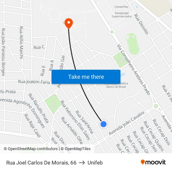 Rua Joel Carlos De Morais, 66 to Unifeb map