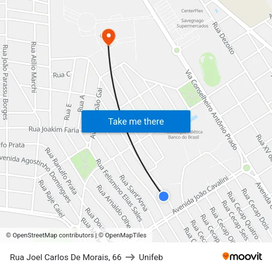 Rua Joel Carlos De Morais, 66 to Unifeb map