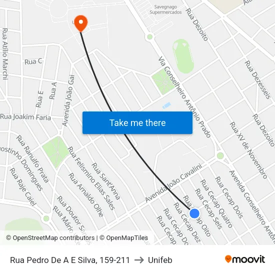 Rua Pedro De A E Silva, 159-211 to Unifeb map