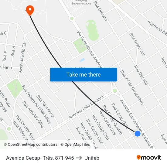 Avenida Cecap- Três, 871-945 to Unifeb map