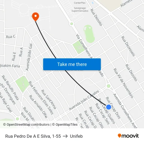 Rua Pedro De A E Silva, 1-55 to Unifeb map