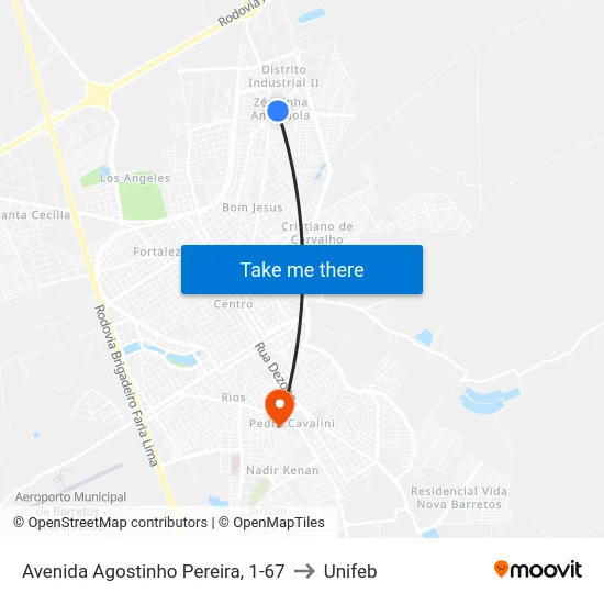 Avenida Agostinho Pereira, 1-67 to Unifeb map