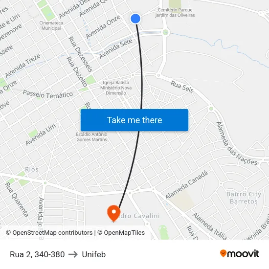 Rua 2, 340-380 to Unifeb map