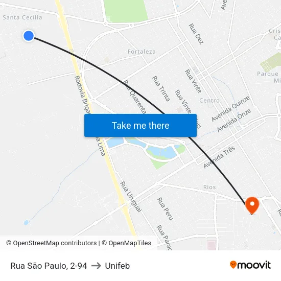Rua São Paulo, 2-94 to Unifeb map