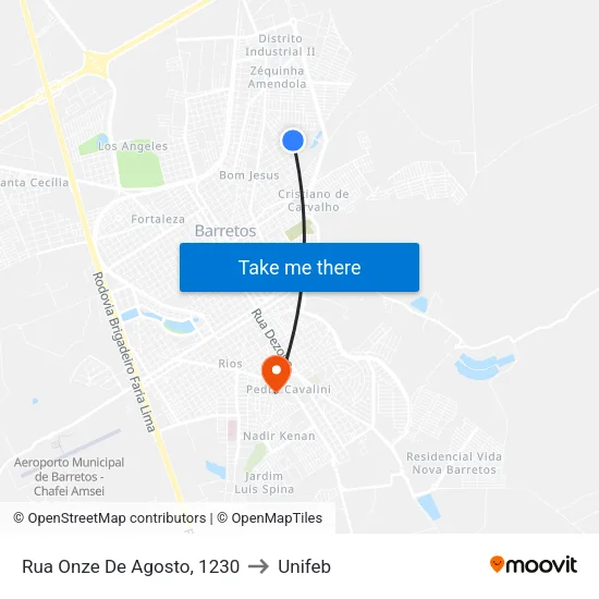 Rua Onze De Agosto, 1230 to Unifeb map