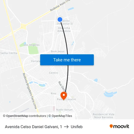 Avenida Celso Daniel Galvani, 1 to Unifeb map