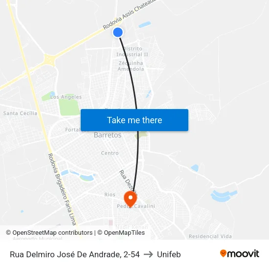 Rua Delmiro José De Andrade, 2-54 to Unifeb map