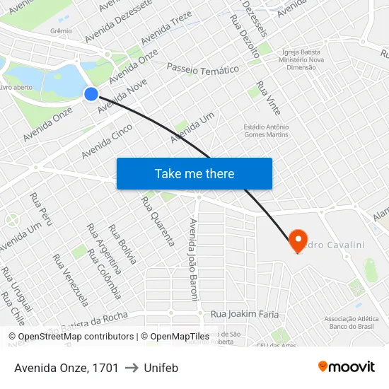 Avenida Onze, 1701 to Unifeb map