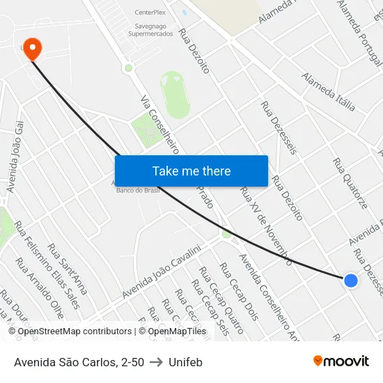 Avenida São Carlos, 2-50 to Unifeb map