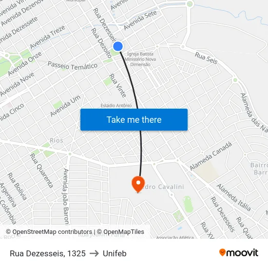 Rua Dezesseis, 1325 to Unifeb map