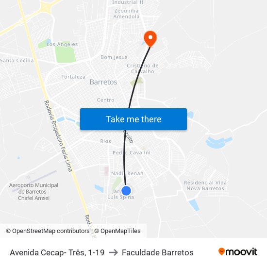 Avenida Cecap- Três, 1-19 to Faculdade Barretos map