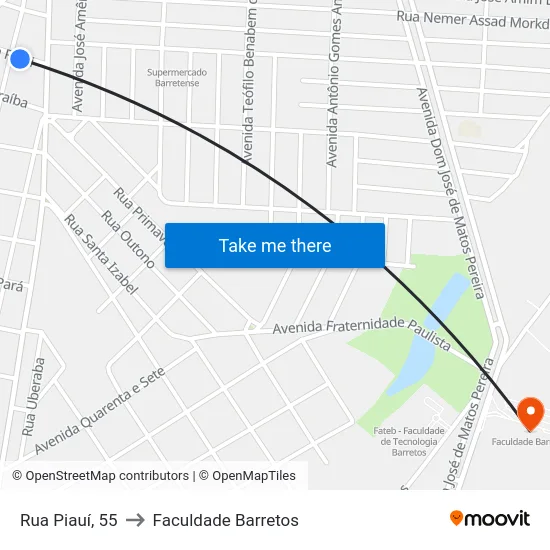 Rua Piauí, 55 to Faculdade Barretos map
