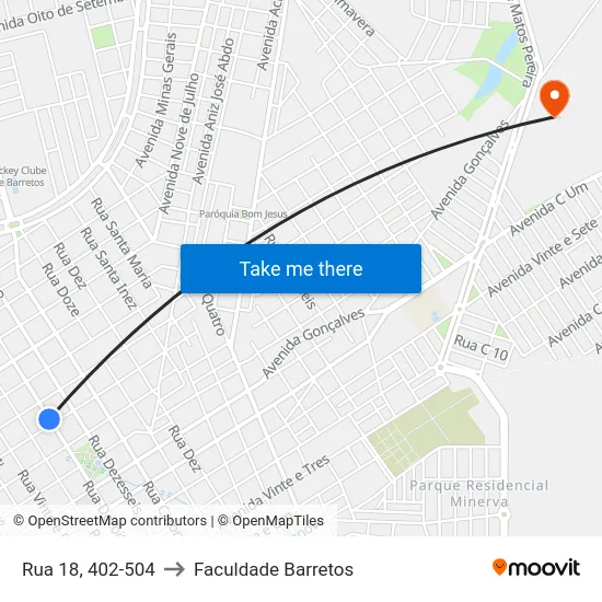 Rua 18, 402-504 to Faculdade Barretos map