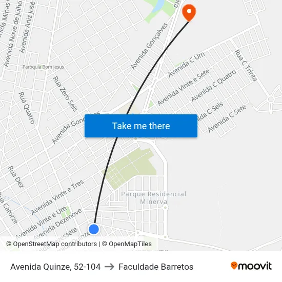 Avenida Quinze, 52-104 to Faculdade Barretos map