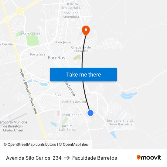 Avenida São Carlos, 234 to Faculdade Barretos map