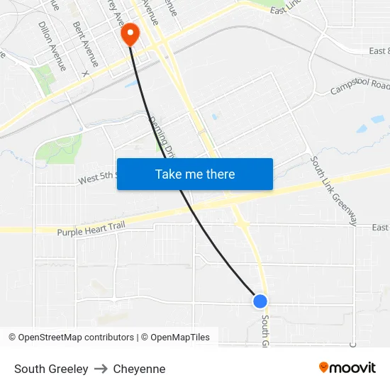 South Greeley to Cheyenne map