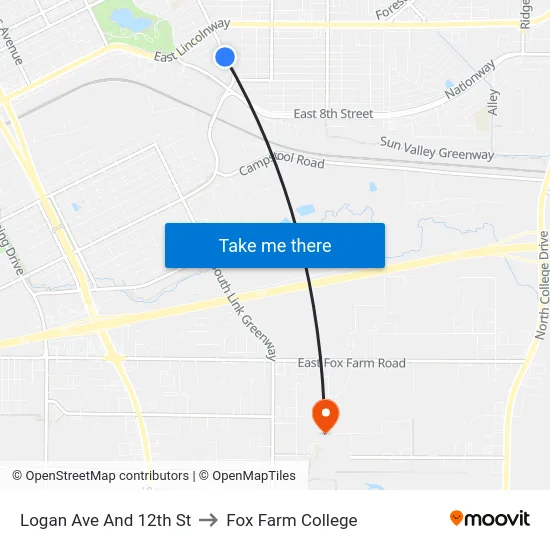 Logan Ave And 12th St to Fox Farm College map