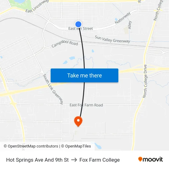 Hot Springs Ave And 9th St to Fox Farm College map