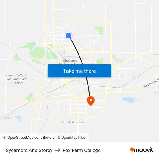 Sycamore And Storey to Fox Farm College map