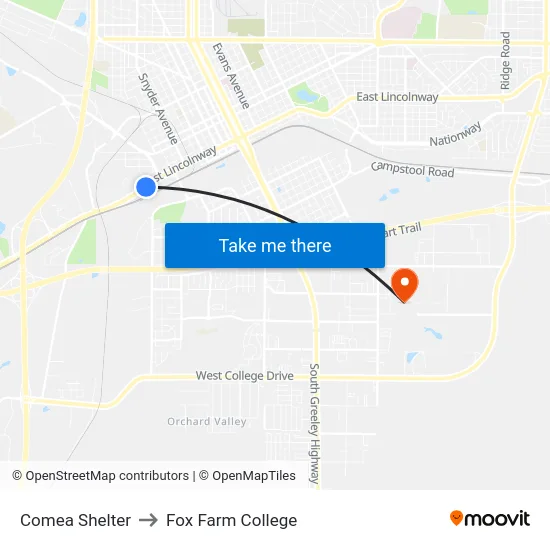 Comea Shelter to Fox Farm College map