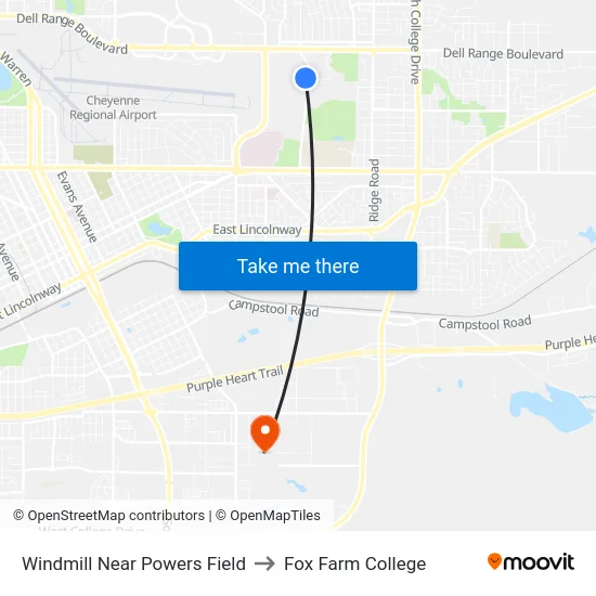 Windmill Near Powers Field to Fox Farm College map