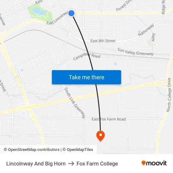 Lincolnway And Big Horn to Fox Farm College map
