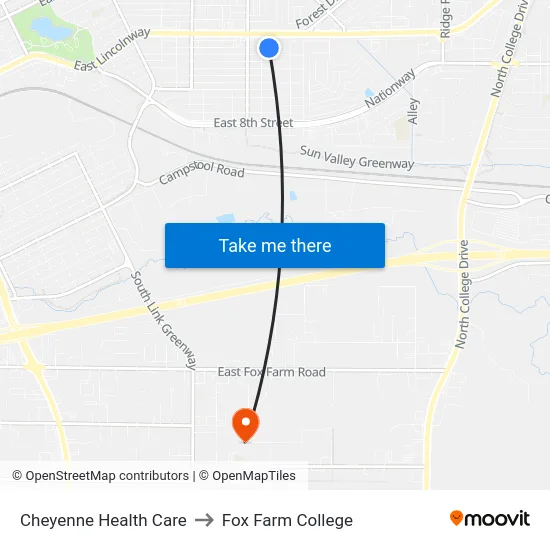 Cheyenne Health Care to Fox Farm College map