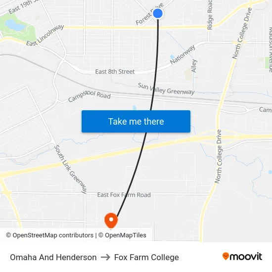 Omaha And Henderson to Fox Farm College map