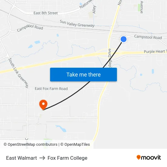 East Walmart to Fox Farm College map