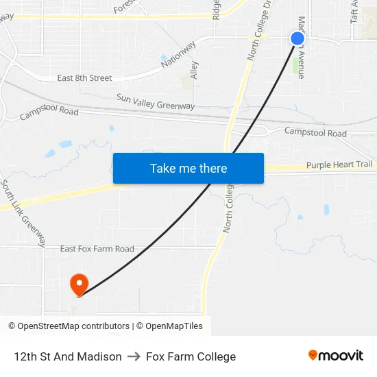 12th St And Madison to Fox Farm College map