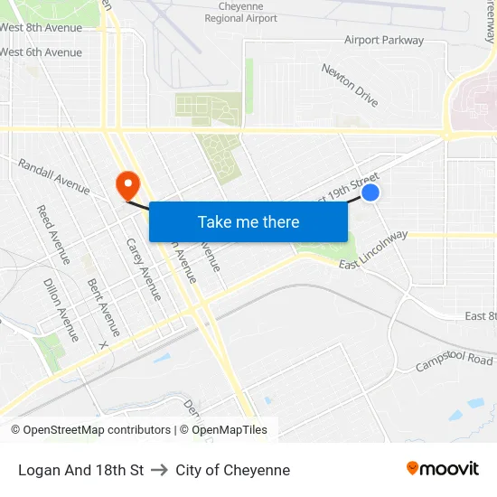 Logan And 18th St to City of Cheyenne map