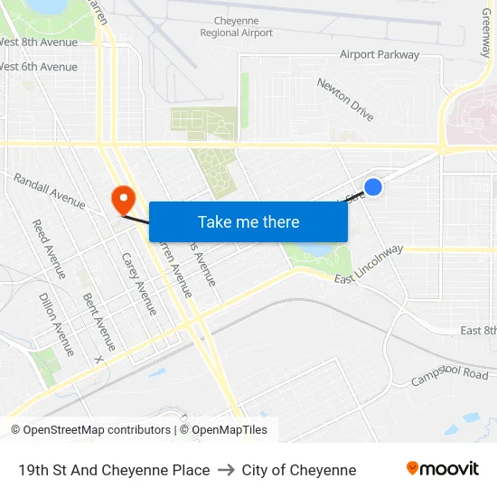 19th St And Cheyenne Place to City of Cheyenne map