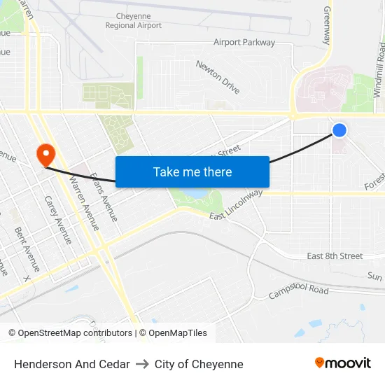 Henderson And Cedar to City of Cheyenne map
