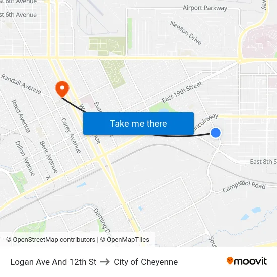 Logan Ave And 12th St to City of Cheyenne map