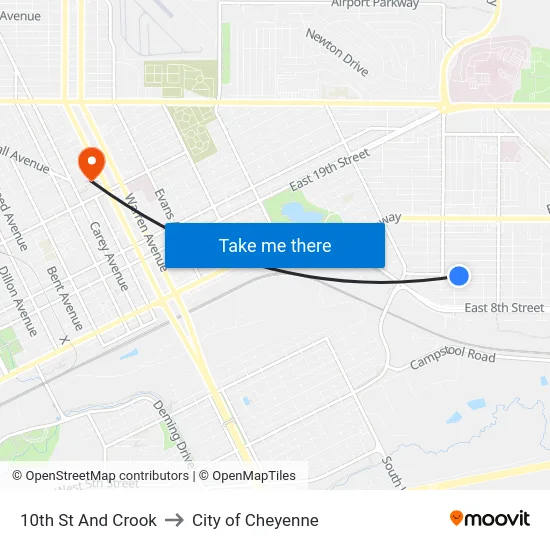 10th St And Crook to City of Cheyenne map