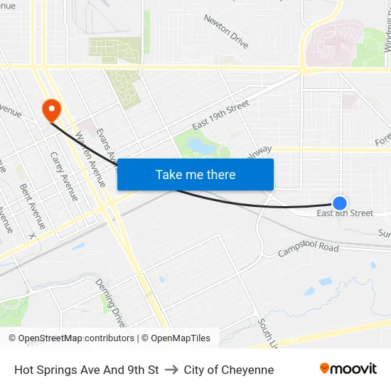 Hot Springs Ave And 9th St to City of Cheyenne map