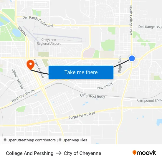 College And Pershing to City of Cheyenne map
