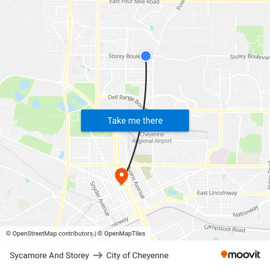 Sycamore And Storey to City of Cheyenne map