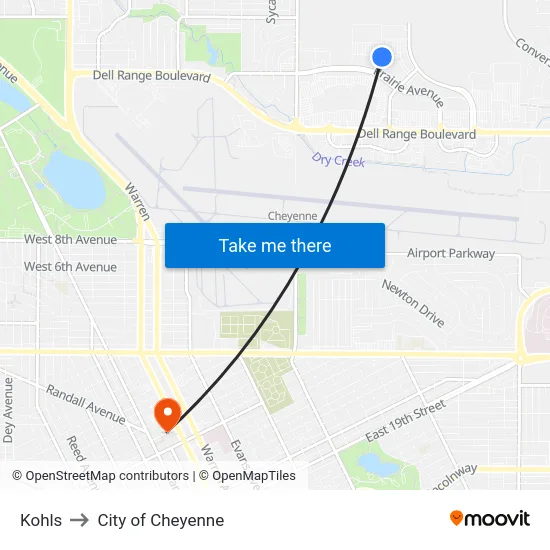 Kohls to City of Cheyenne map