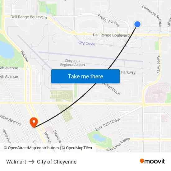 Walmart to City of Cheyenne map