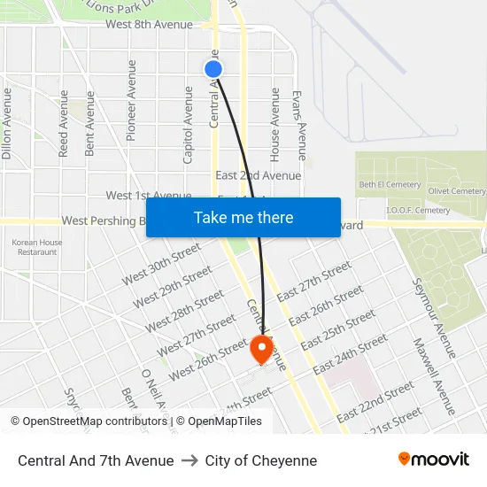Central And 7th Avenue to City of Cheyenne map