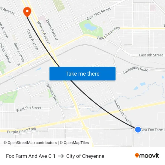 Fox Farm And Ave C 1 to City of Cheyenne map