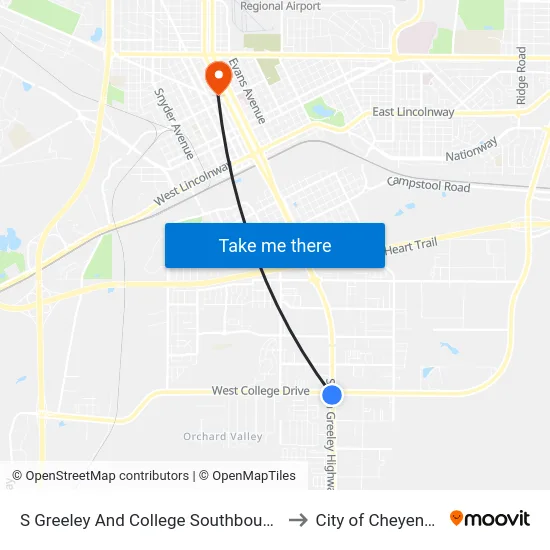 S Greeley And College Southbound to City of Cheyenne map
