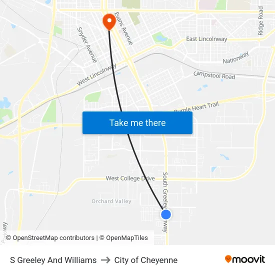 S Greeley And Williams to City of Cheyenne map